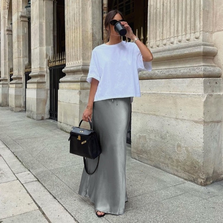 Tossa Draw String Waist Maxi Satin Skirts - 7 Colors