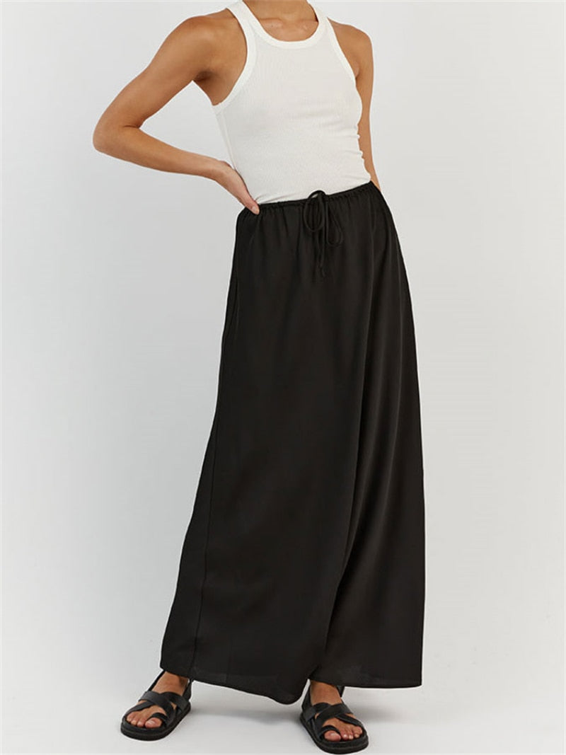 Tossa Draw String Waist Maxi Satin Skirts - 7 Colors