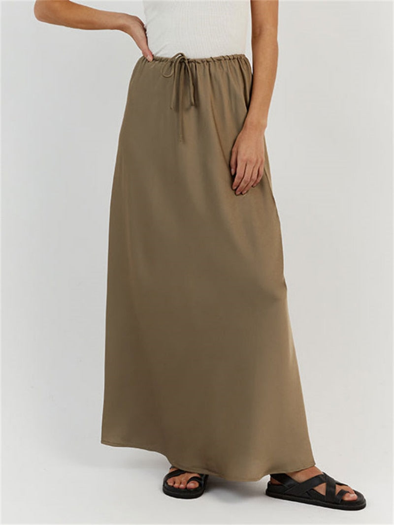 Tossa Draw String Waist Maxi Satin Skirts - 7 Colors