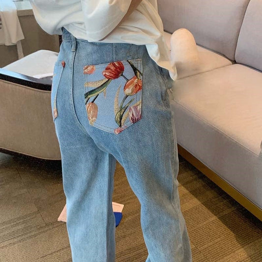 Tulips Print Back Pocketed Jeans