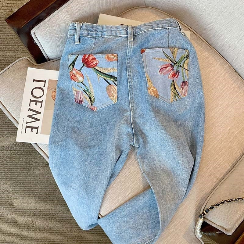 Tulips Print Back Pocketed Jeans
