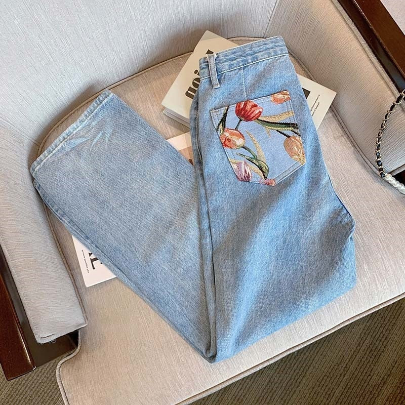 Tulips Print Back Pocketed Jeans