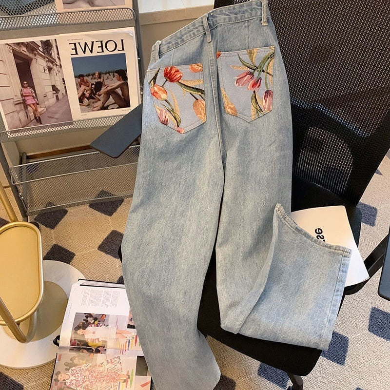 Tulips Print Back Pocketed Jeans