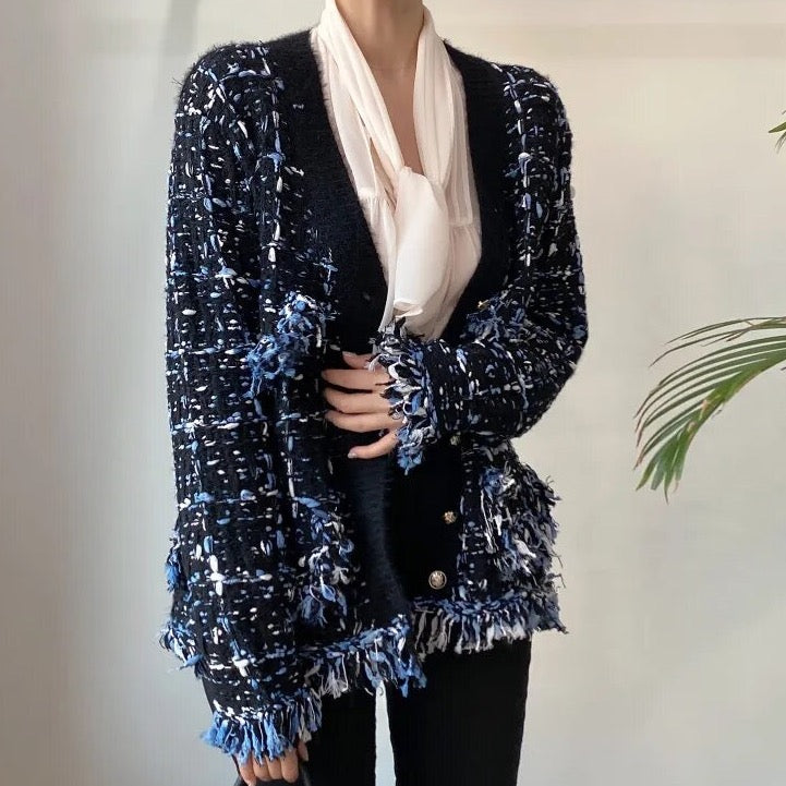 Tweed Plaid Fringe Cardigan Jacket - 2 Colors