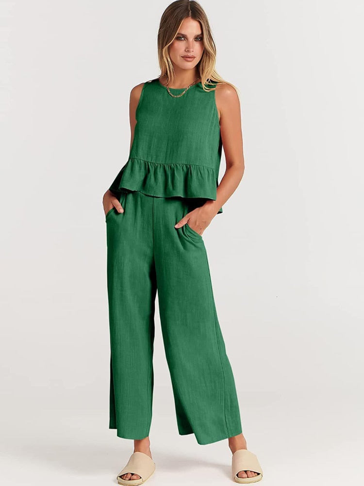 Valerina Casual Linen 2 Piece Top and Pants Set - 8 Colors