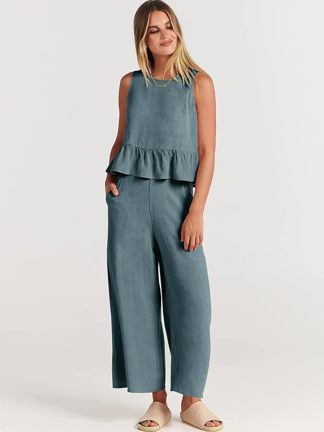 Valerina Casual Linen 2 Piece Top and Pants Set - 8 Colors