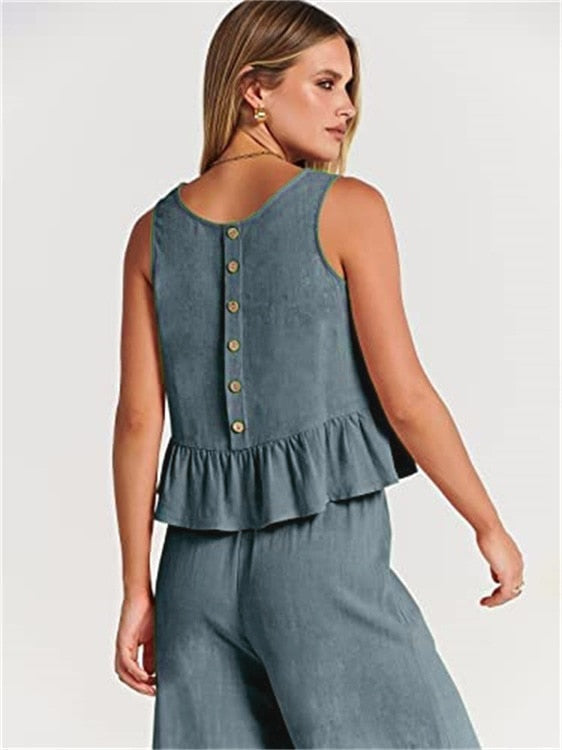 Valerina Casual Linen 2 Piece Top and Pants Set - 8 Colors