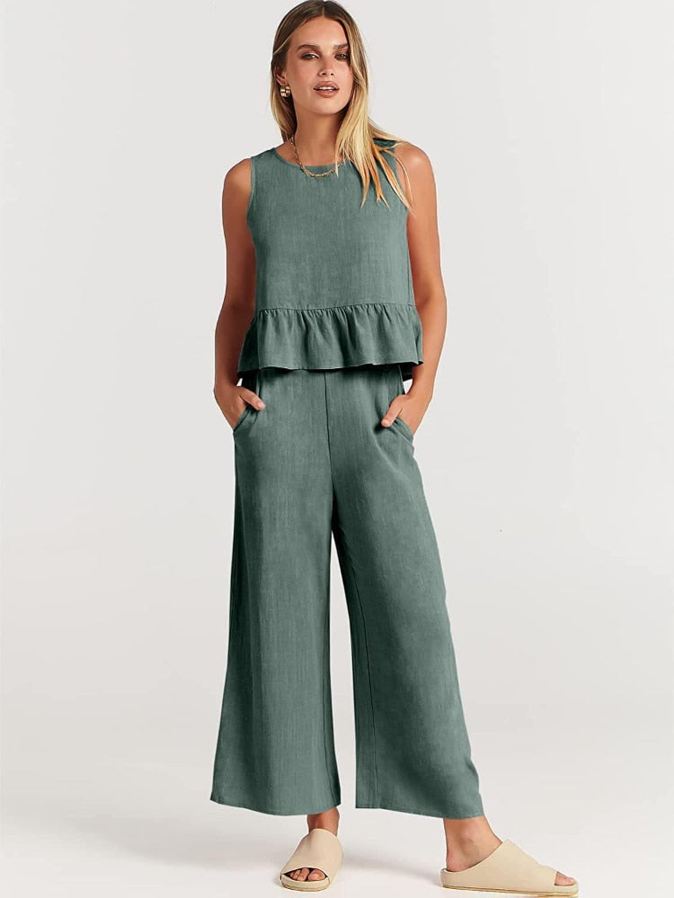 Valerina Casual Linen 2 Piece Top and Pants Set - 8 Colors