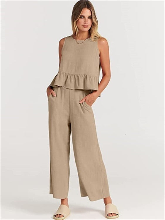 Valerina Casual Linen 2 Piece Top and Pants Set - 8 Colors