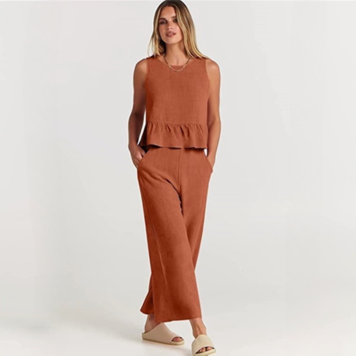 Valerina Casual Linen 2 Piece Top and Pants Set - 8 Colors