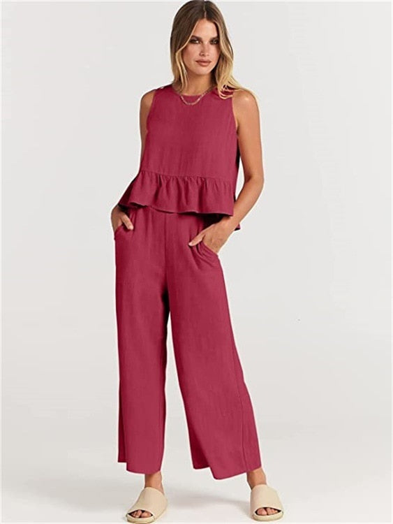 Valerina Casual Linen 2 Piece Top and Pants Set - 8 Colors