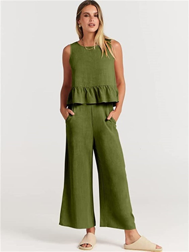 Valerina Casual Linen 2 Piece Top and Pants Set - 8 Colors