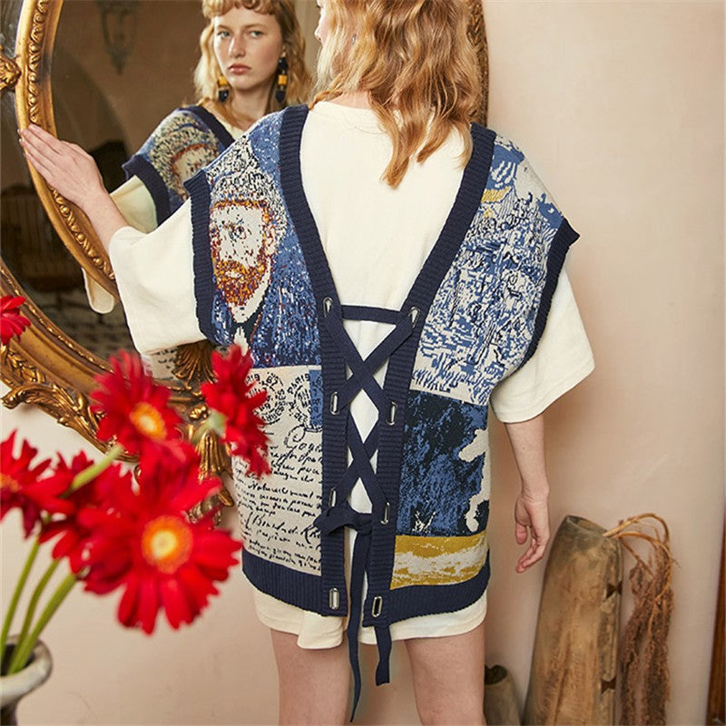 Van Gogh Print Intarsia Knit Vest Tunic