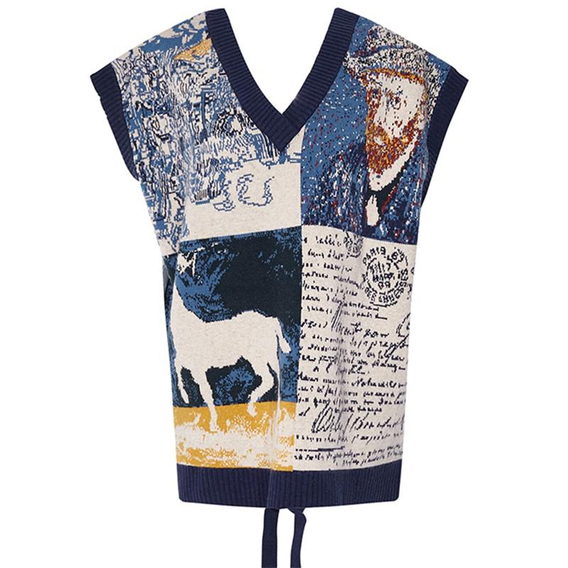 Van Gogh Print Intarsia Knit Vest Tunic