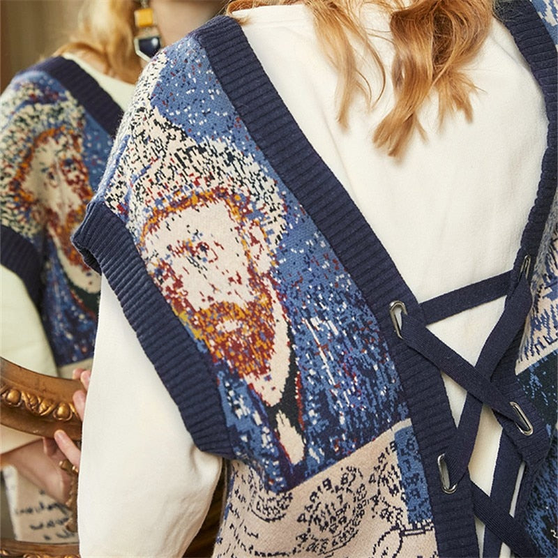Van Gogh Print Intarsia Knit Vest Tunic