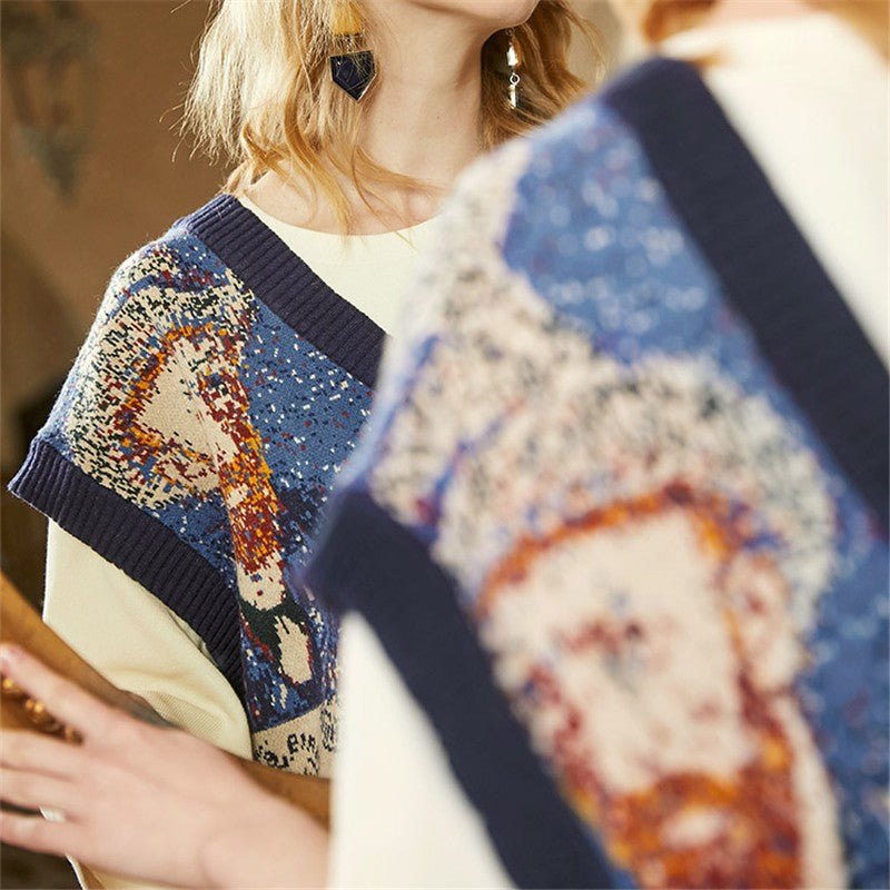 Van Gogh Print Intarsia Knit Vest Tunic