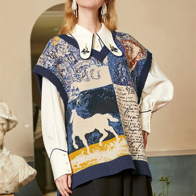 Van Gogh Print Intarsia Knit Vest Tunic