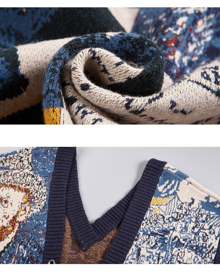 Van Gogh Print Intarsia Knit Vest Tunic