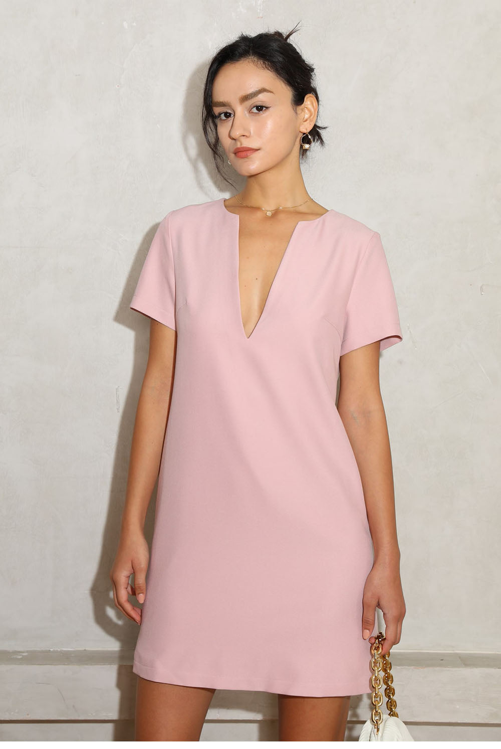 Vanessa V-Neck Solid Tunic Mini Dress - Khaki S/M