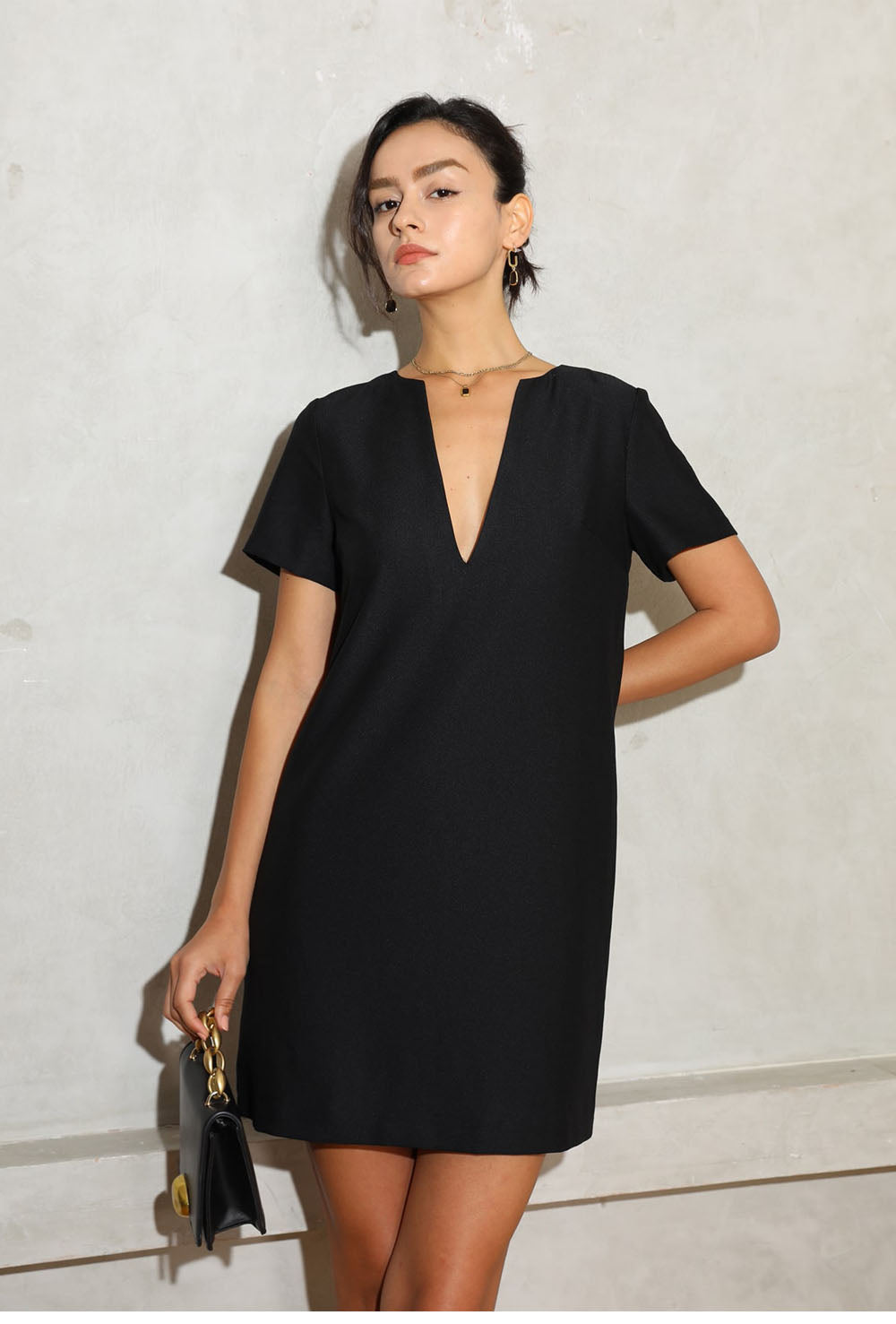 Vanessa V-Neck Solid Tunic Mini Dress - Khaki S/M