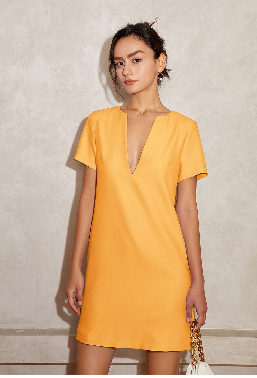 Vanessa V-Neck Solid Tunic Mini Dress - Khaki S/M
