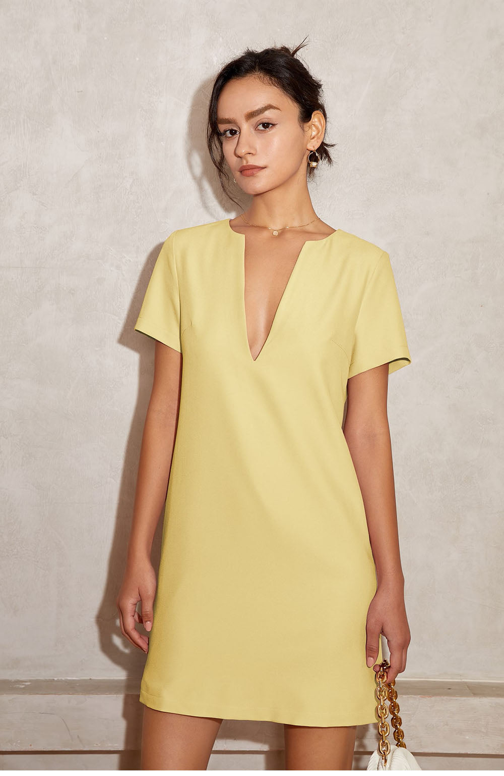 Vanessa V-Neck Solid Tunic Mini Dress - Khaki S/M