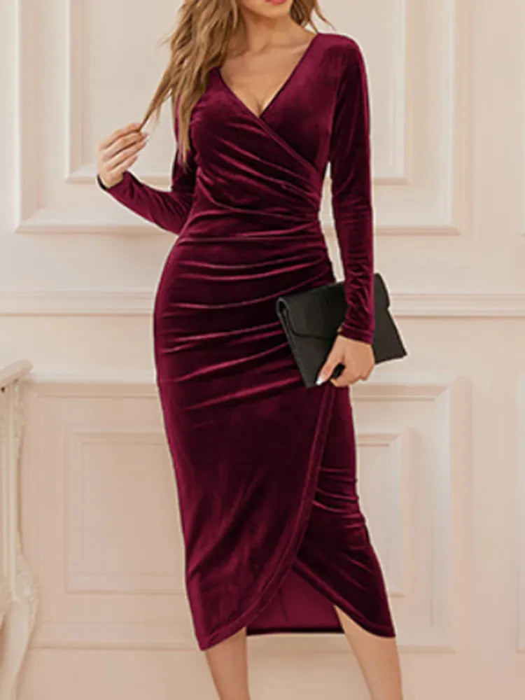 Velvet Split Ruched V-neck Midi Bodycon Dress