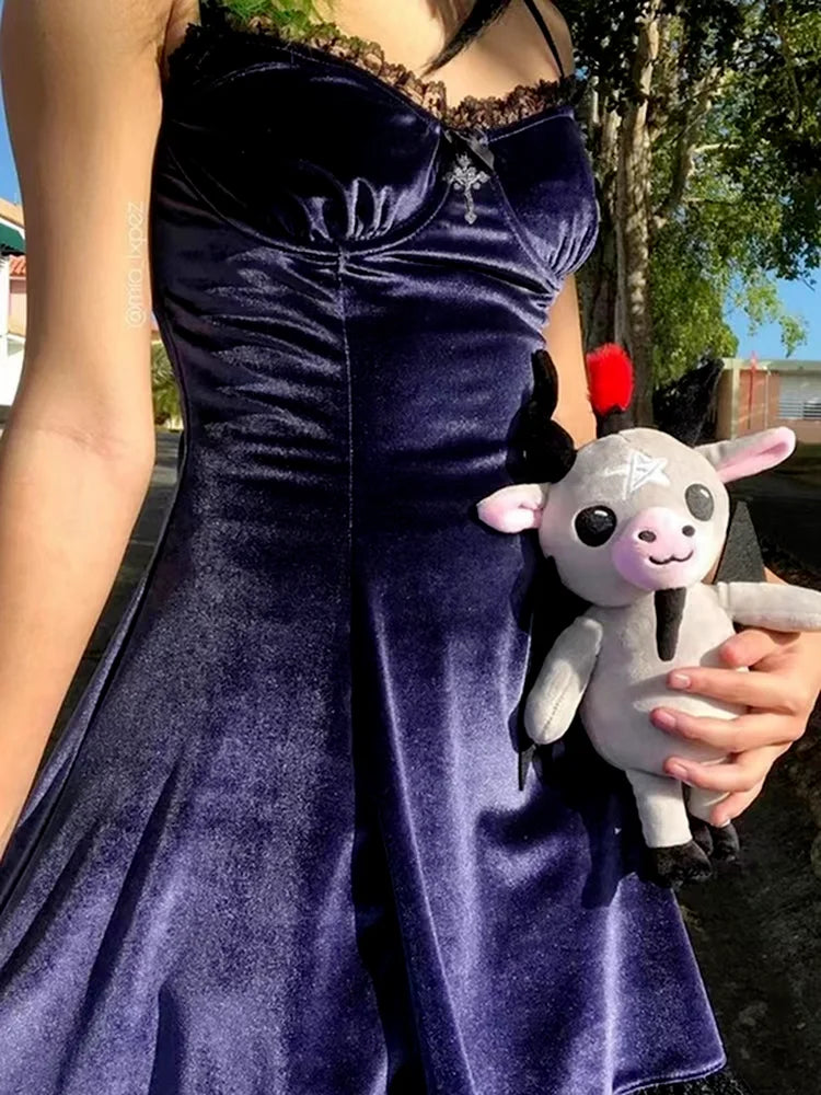 Velvet Gothic Black Vintage Spaghetti Strap High Waist Aesthetic Elegant Party Dress