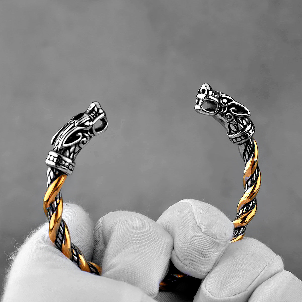 Viking Dragon Head Thin Braid Cuff Bracelet
