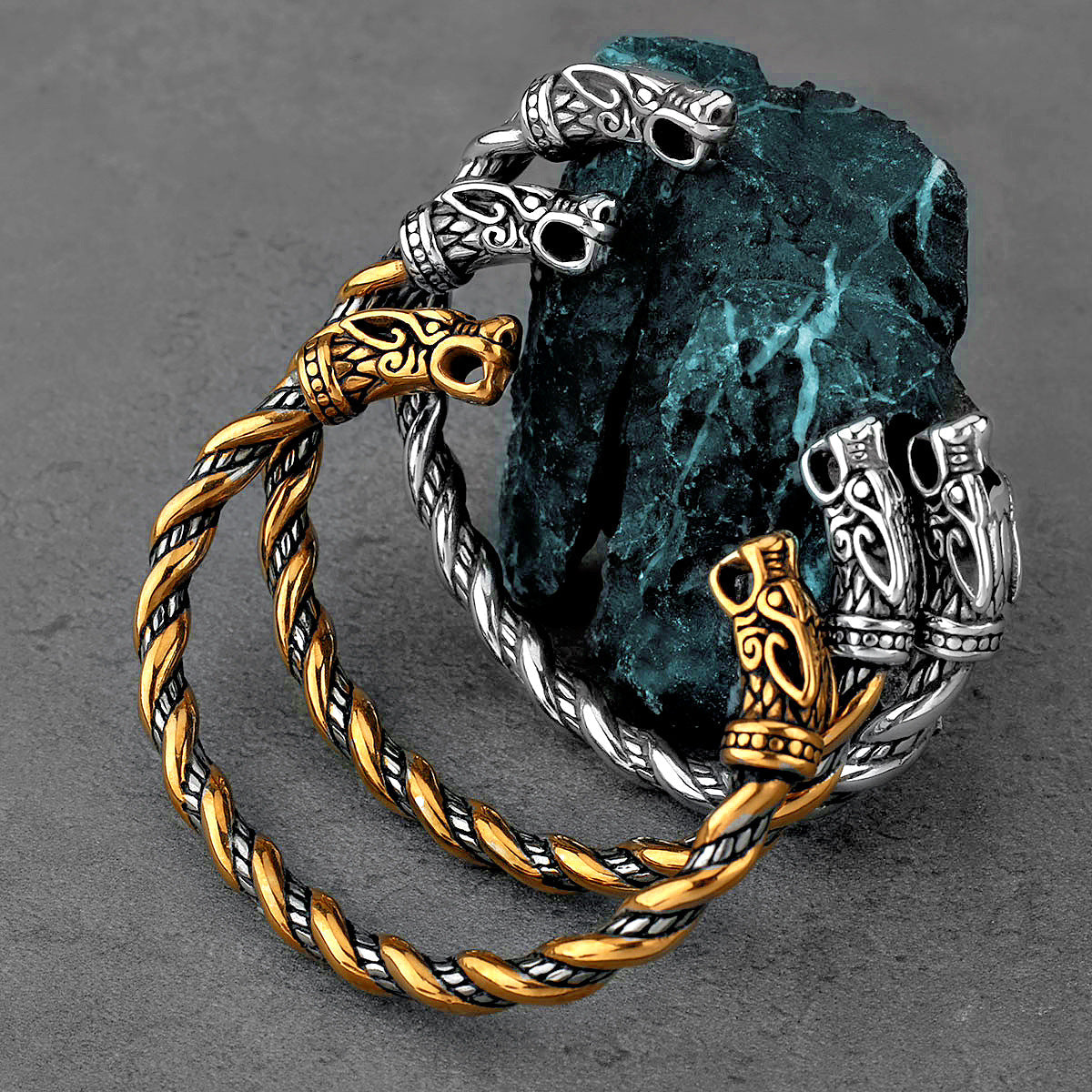 Viking Dragon Head Thin Braid Cuff Bracelet
