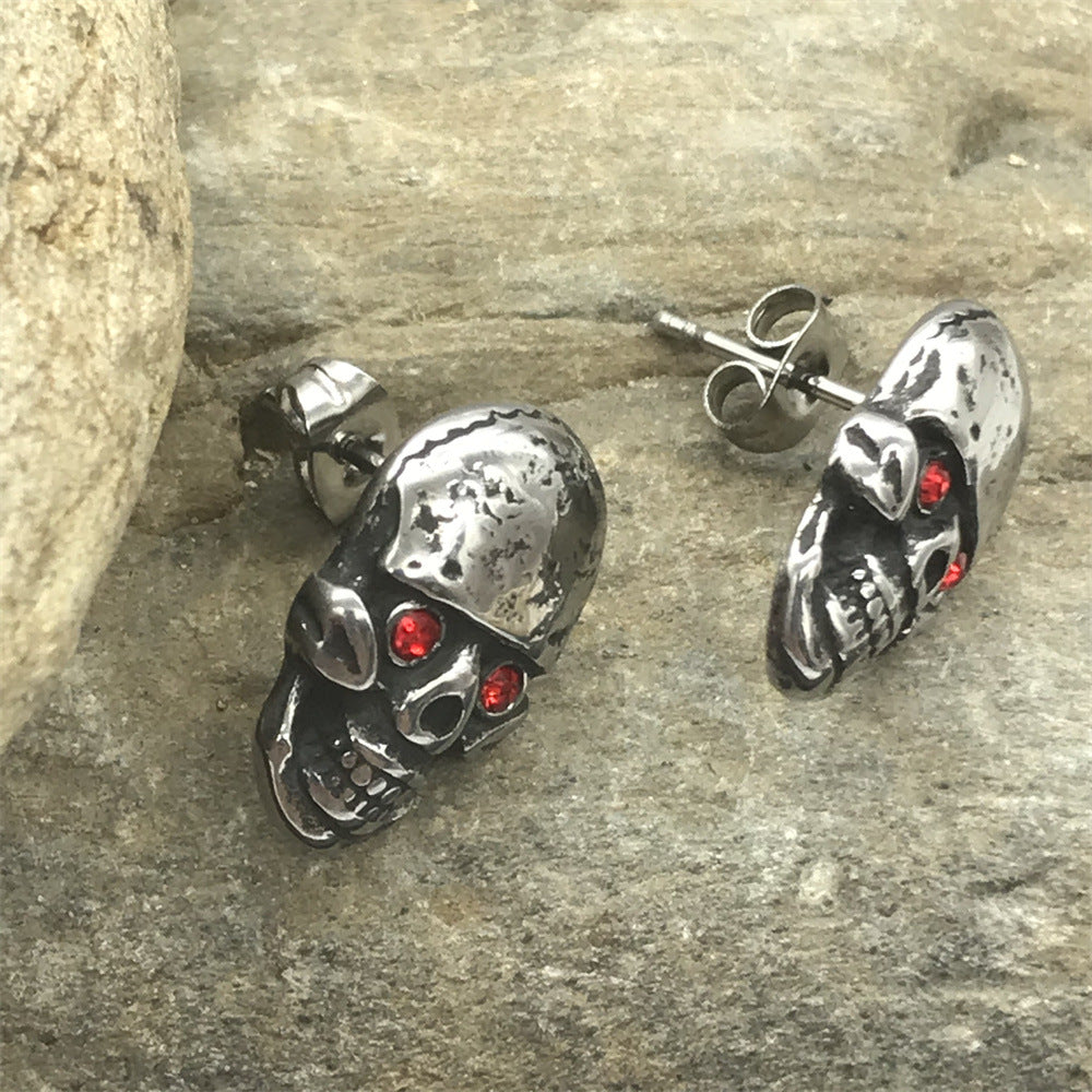Viking Red Eye Skull Head Stud Earrings