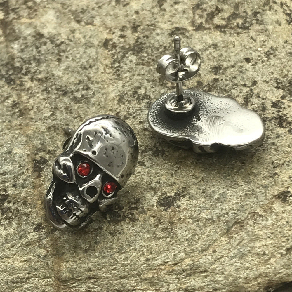 Viking Red Eye Skull Head Stud Earrings