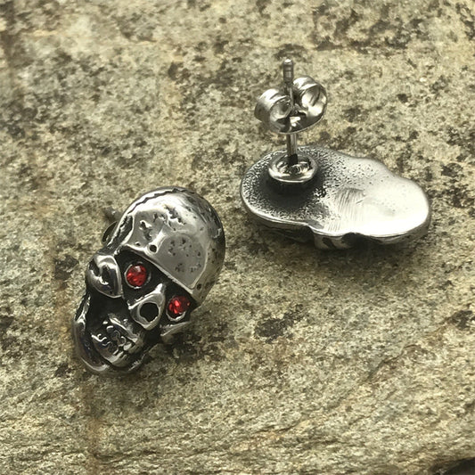 Viking Red Eye Skull Head Stud Earrings