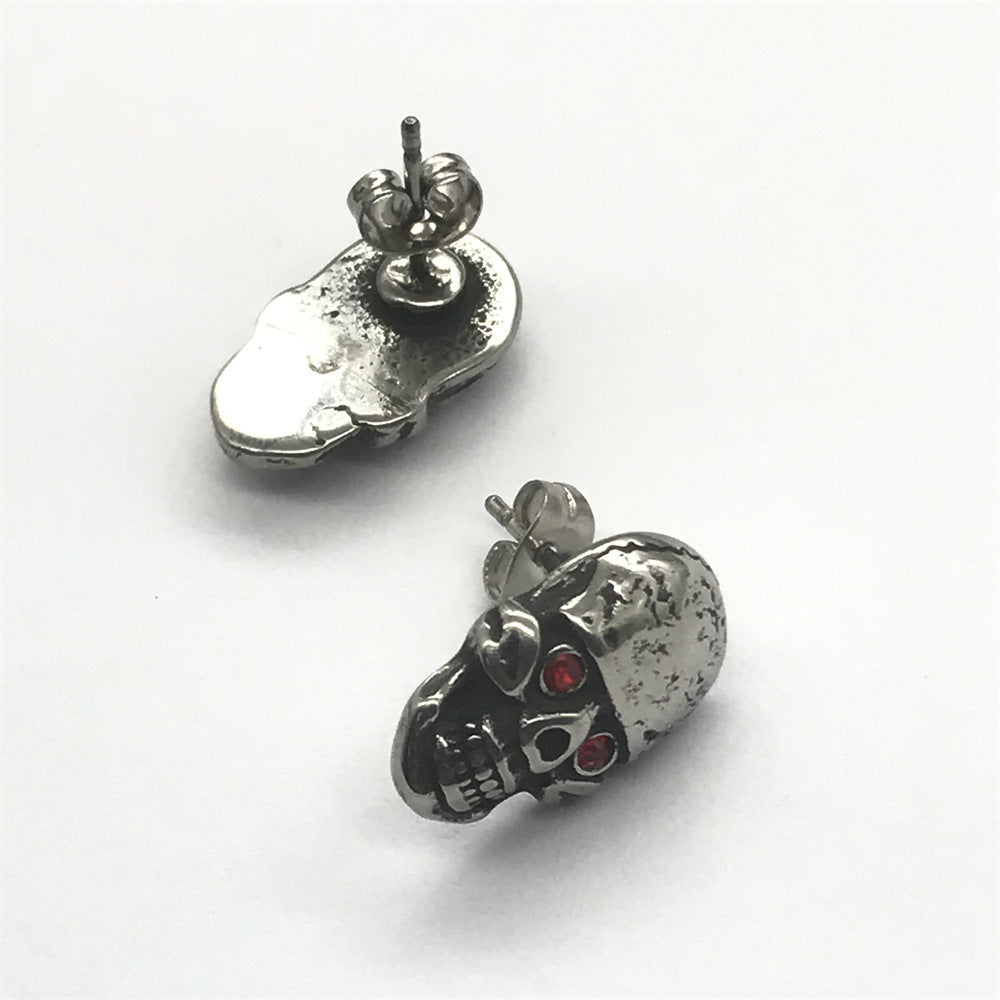 Viking Red Eye Skull Head Stud Earrings