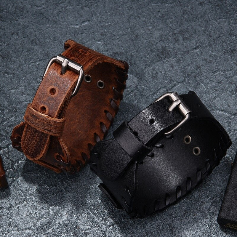 Viking Totem Wide Leather Bracelet