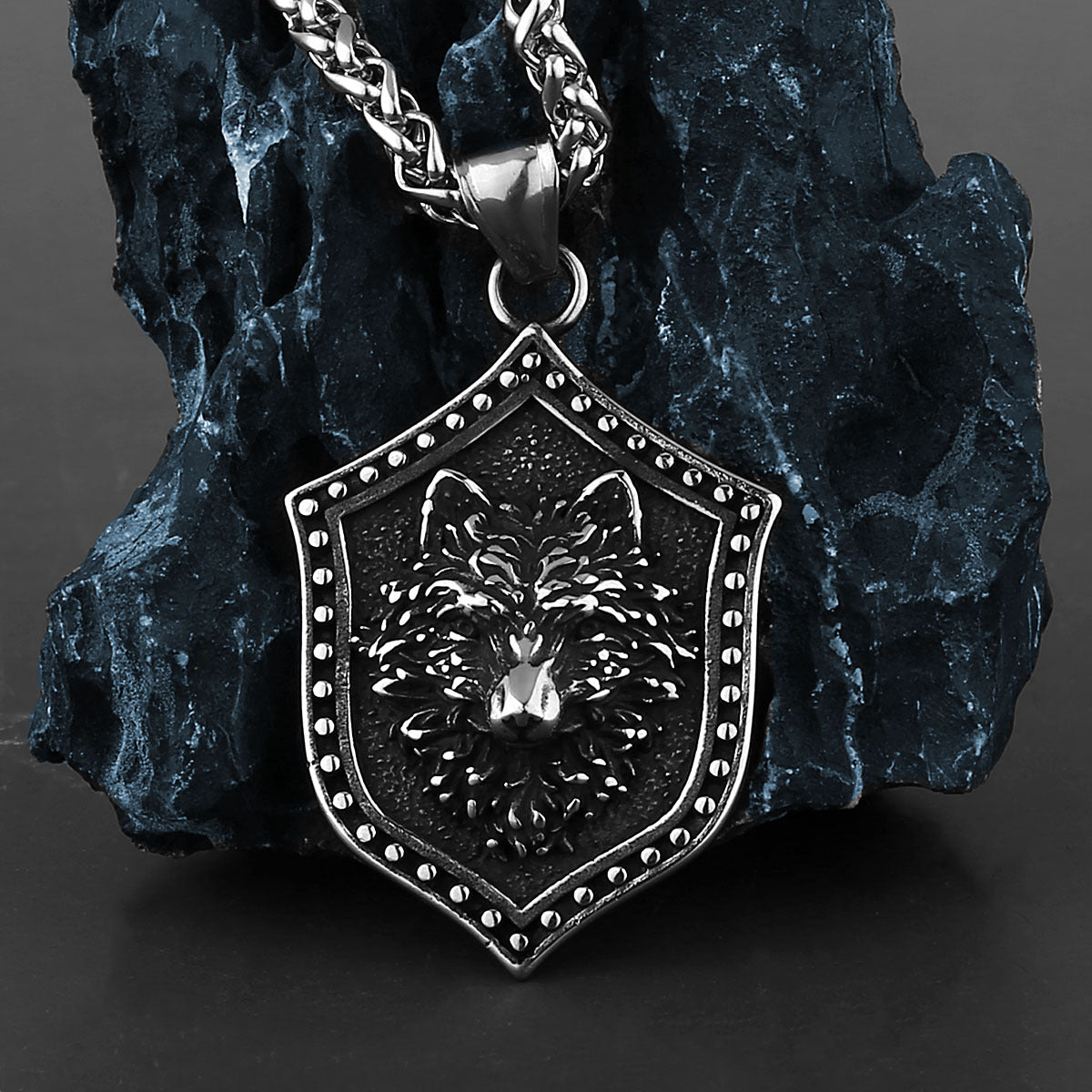 Viking Warrior Shield Wolf Head Necklace