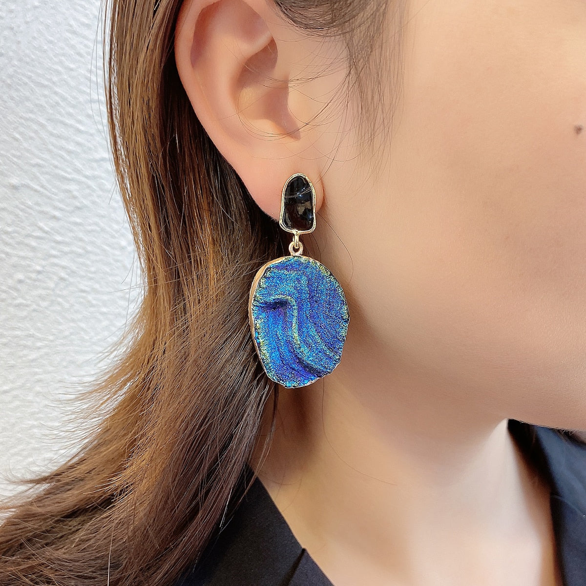 Vintage Blue Gemstone Resin Pendant Earrings - 2 Styles