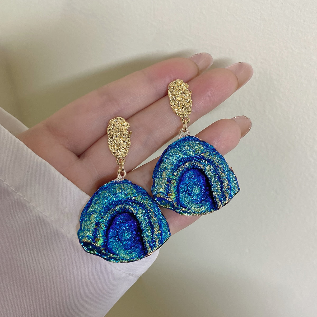 Vintage Blue Gemstone Resin Pendant Earrings - 2 Styles