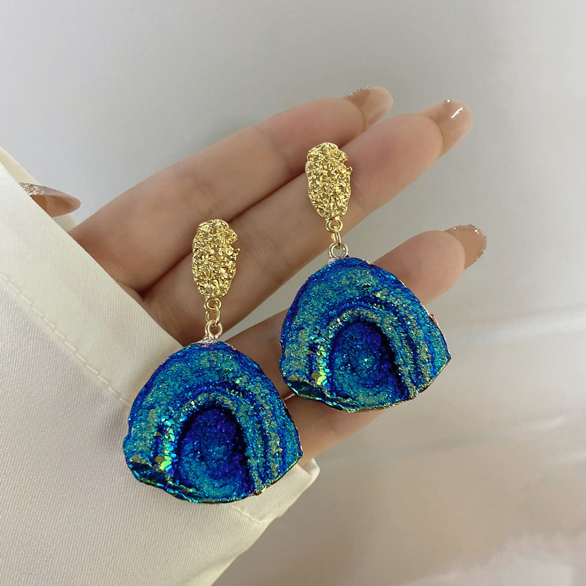 Vintage Blue Gemstone Resin Pendant Earrings - 2 Styles