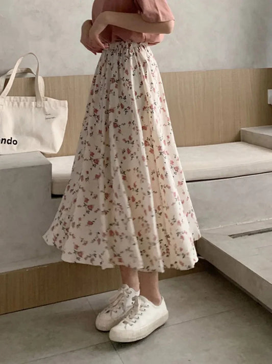 Vintage Floral Print A-line Pleated Streetwear Drawstring Midi Skirt