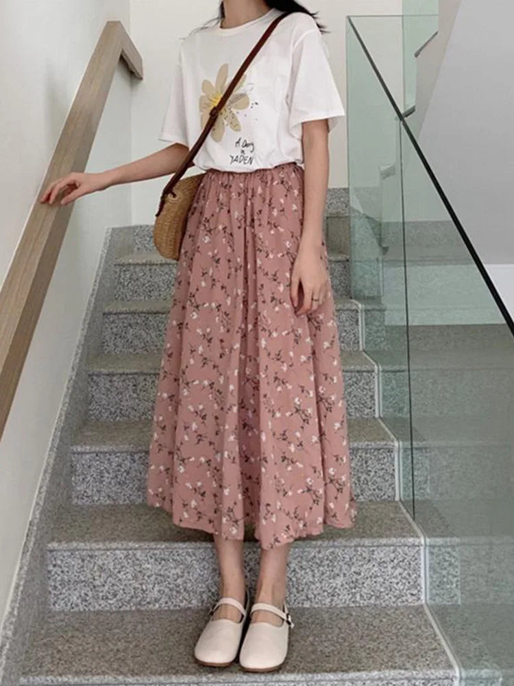 Vintage Floral Print A-line Pleated Streetwear Drawstring Midi Skirt