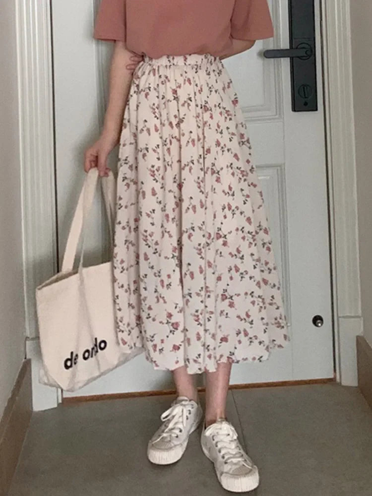 Vintage Floral Print A-line Pleated Streetwear Drawstring Midi Skirt