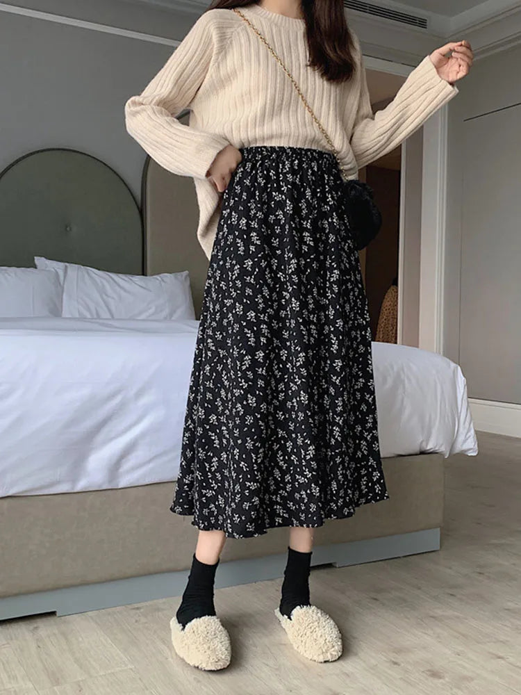 Vintage Floral Pleated Korean Midi Skirt
