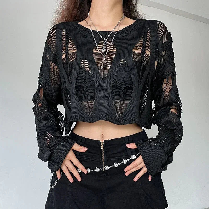 Vintage Hole Ripped Fashion Cropped Hollow Spring Sweater