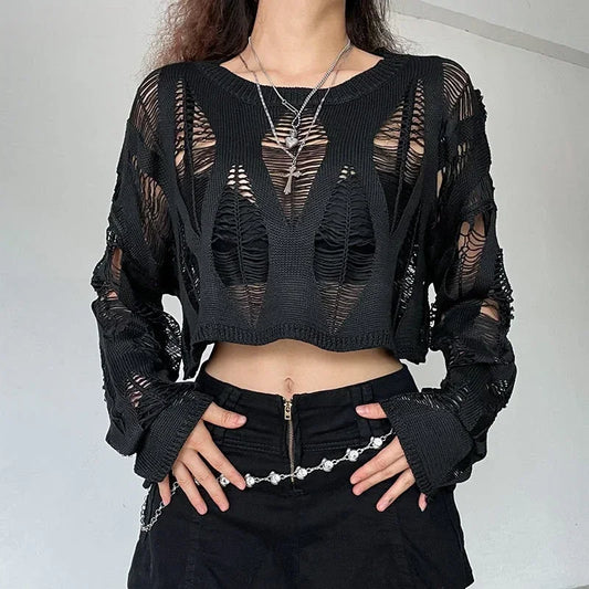 Vintage Hole Ripped Fashion Cropped Hollow Spring Sweater