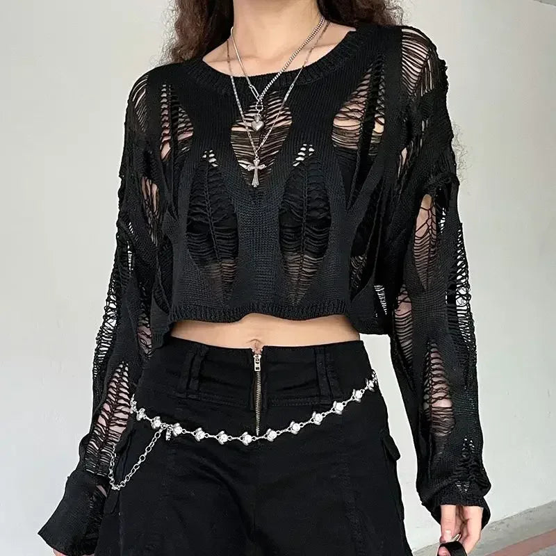 Vintage Hole Ripped Fashion Cropped Hollow Spring Sweater
