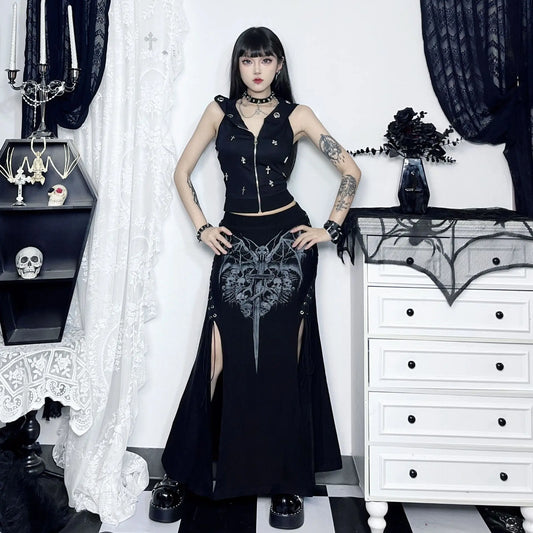 Vintage Print High Waist Mermaid Maxi Gothic Long Gothic Print High-slit Skirt