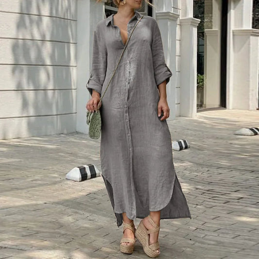 Vintage Solid Tunicas Lapel Button Up Boho Maxi Dress