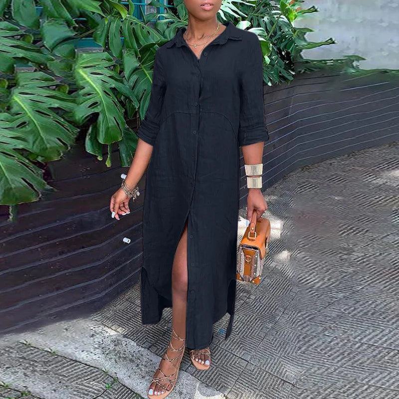 Vintage Solid Tunicas Lapel Button Up Boho Maxi Dress