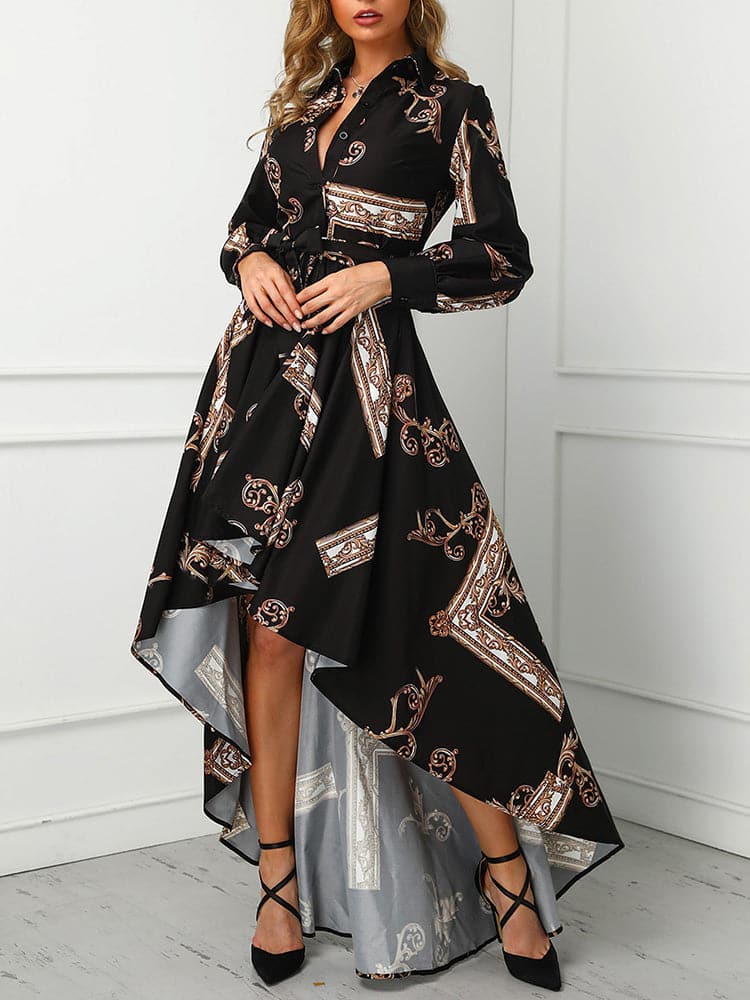 Vintage V Neck Lace Up Print Dress